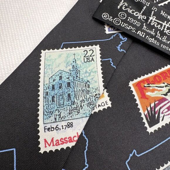VTG Nicole Miller Silk Necktie Mens‎ Black Novelty State Stamps USA 57"x 4" NWT - Picture 7 of 15